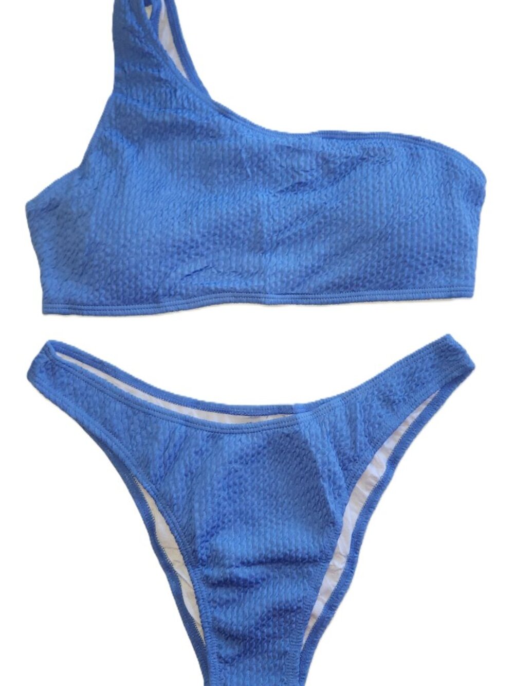 Women's High-Rise Casual Stylish Ribbed One Shoulder Bikini Set - Large - Blue